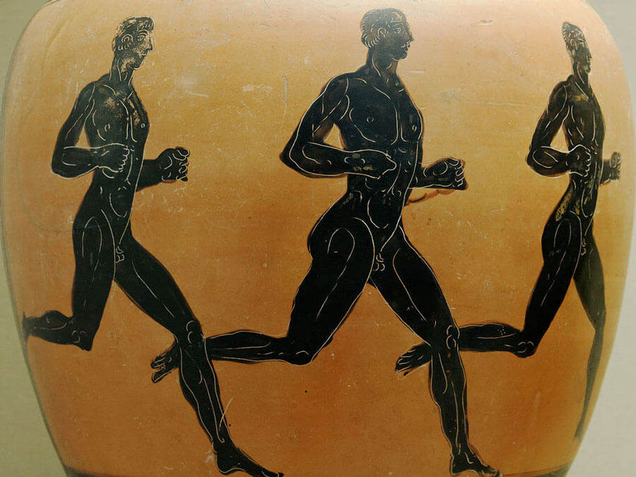 Three runners featured on an Attic black-figured Panathenaic prize amphora, 332-333 BC