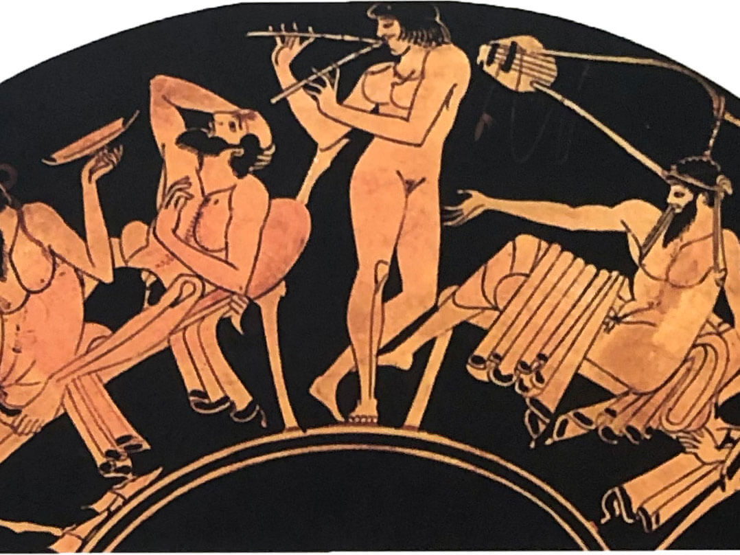 Scene from a symposium, from a 5th century BC red-figure kylix